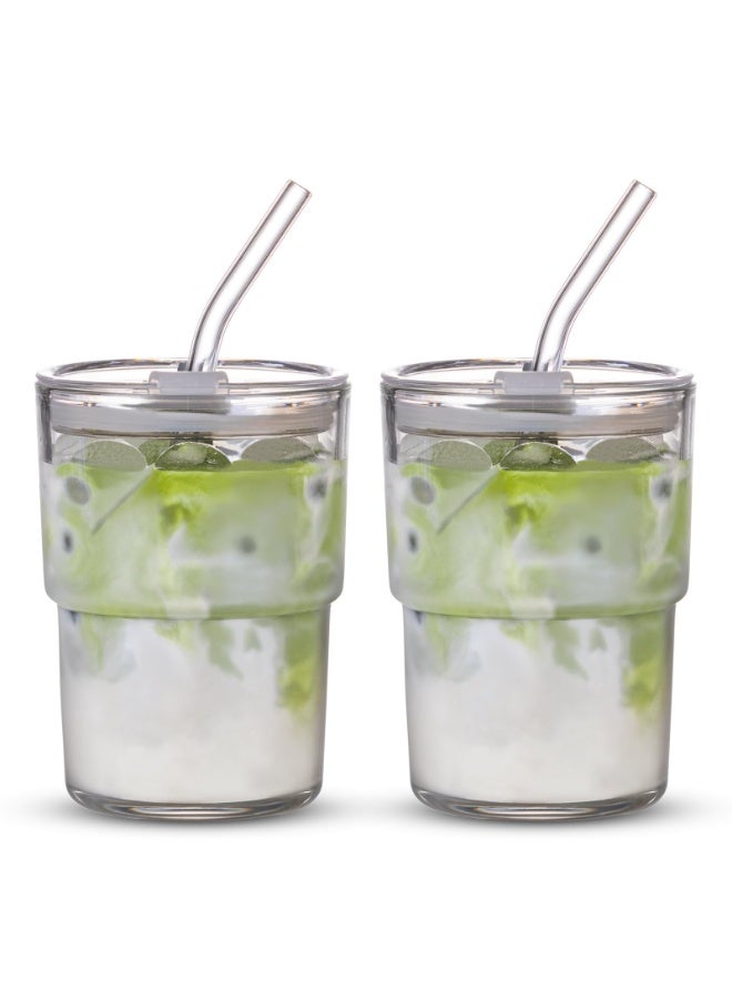 13oz / 400ml كوب الماء، أكواب القهوة المثلجة مع القش والغطاء المختوم تحمل، كوب القهوة الزجاجية كوب الشاي المثلج كأس زجاج معزول الجدار السميك (أبيض، 2pack) - Image 1